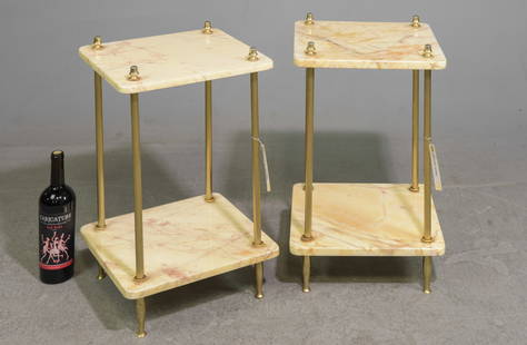 Louis XVI Style Pair of Marble End Tables: French Louis XVI Style Pair of Marble & Brass Finished Two Tier End Tables - 23.5 in tall x 14 x 14 each