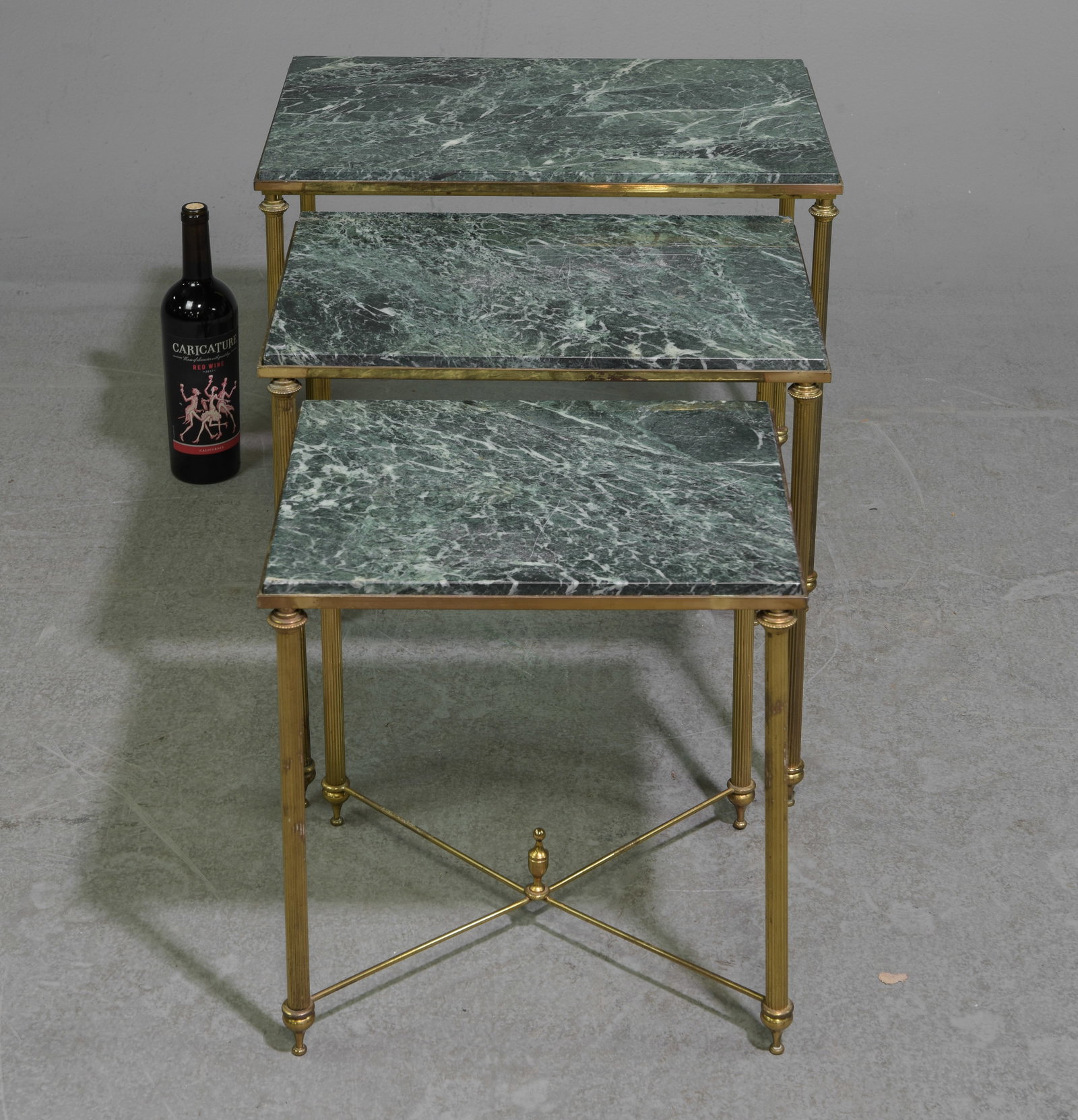 Louis XVI Style Green Marble Top Nest of Tables: French Louis XVI Style Green Marble Top & Brass Finished Nest of Tables - 18 in tall x 21 x 14, 16.5 in tall x 18 x 13 and 15 in tall x 15 x 12