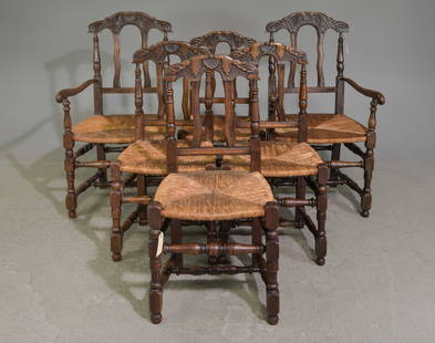 Louis XV Style Set of 6 Rush Seat Dining Chairs: French Louis XV Style Set of 6 Rush Seat Dining Chairs - Arm chairs are 42 in tall x 22.5 x 21.5 each with a seat height of 18 inches, Side chairs are 37 in tall x 18 x 16 each with a seat height of 1