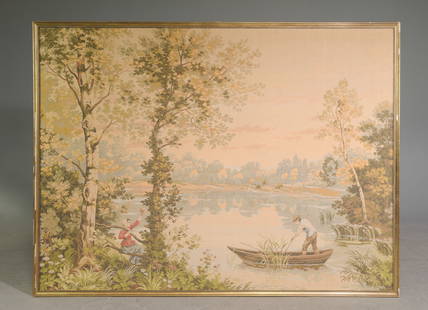 French Needlepoint Tapestry - River Side Landscape: French Large Needlepoint Tapestry - River Side Landscape - 57 in tall x 76 x 1.5 - This is signed