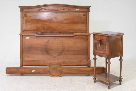 Louis XVI Style Bed With Rails & Marble Top Nightstand: Louis XVI Style Walnut Bed With Rails & Inset Marble Top Nightstand - Headboard is 55.5 in tall x 58 x 3, Rails are 75.25 inches long each, Nightstand is 35.5 in tall x 16 x 14.25 - This bed is a Euro