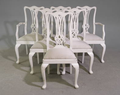 British Set of 6 Painted Pine Dining Chairs: British Set of 6 Painted Pine Dining Chairs - Arm chairs are 38 in tall x 22.25 x 22 each with a seat height of 19 inches, Side chairs are 39 in tall x 19 x 19 each with a seat height of 19 inches