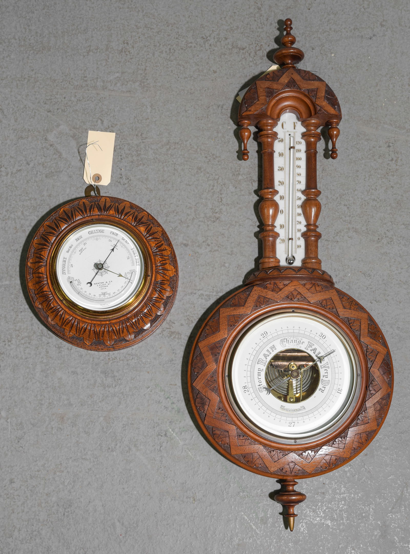 Two English Carved Oak & Walnut Barometers (1 of 5)