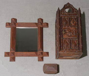 3pcs - Tramp Art Mirror, Trinket Box, Etc.: 3pcs - Tramp Art Mirror, Trinket Box, and Wall Cabinet - 35 in tall x 14.5 x 9.5, 32 in tall x 27.5 x 3 and 5 in tall x 9 x 6.5