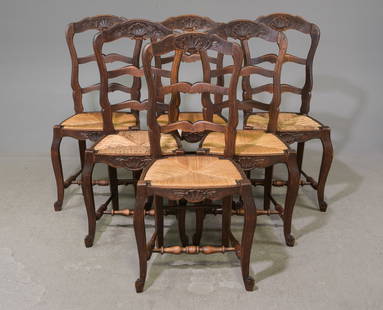 Louis XV Style Set of 6 Oak Rush Seat Chairs: French Louis XV / Country French Style Set of 6 Oak Rush Seat Chairs - 39 in tall x 19 x 18 each with a seat height of 18 inches