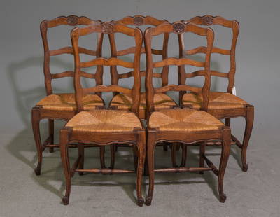 Louis XV Style Set of 5 Oak Rush Seat Chairs: French Louis XV / Country French Style Set of 5 Oak Rush Seat Chairs - 39 in tall x 18 x 18 each with a seat height of 18 inches