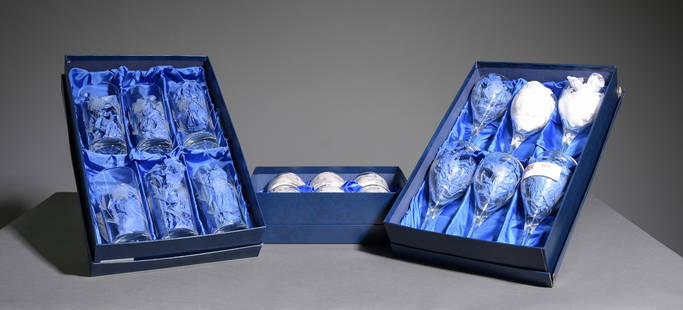 18pc Boxed Set of Gleneagles Crystal Glassware: 18pc Boxed Set of Gleneagles Crystal Glassware - This lot consist of 6 Whiskey Glasses, 6 Wine Stems & 6 Highball Glasses - Largest box is 3.5 in tall x 17.5 x 10.75