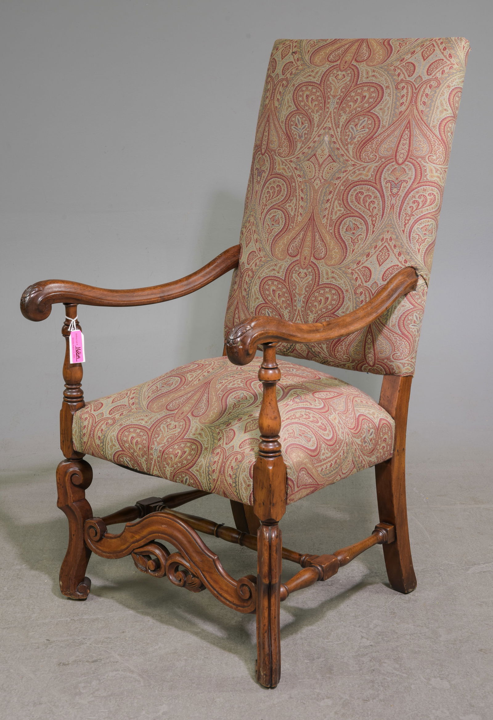 French Antique Carved Walnut Arm Chair: French Antique Carved Walnut Upholstered Hall / Fireside Arm Chair - 47.25 in tall x 24.5 x 28.75 with a seat height of 17.5 inches