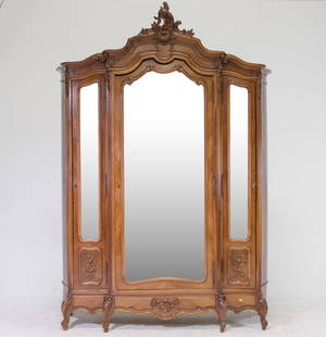 Louis XV Style Triple Mirror Door Armoire: French Louis XV Style Triple Mirror Door Walnut Armoire - 103 in tall x 72 x 20