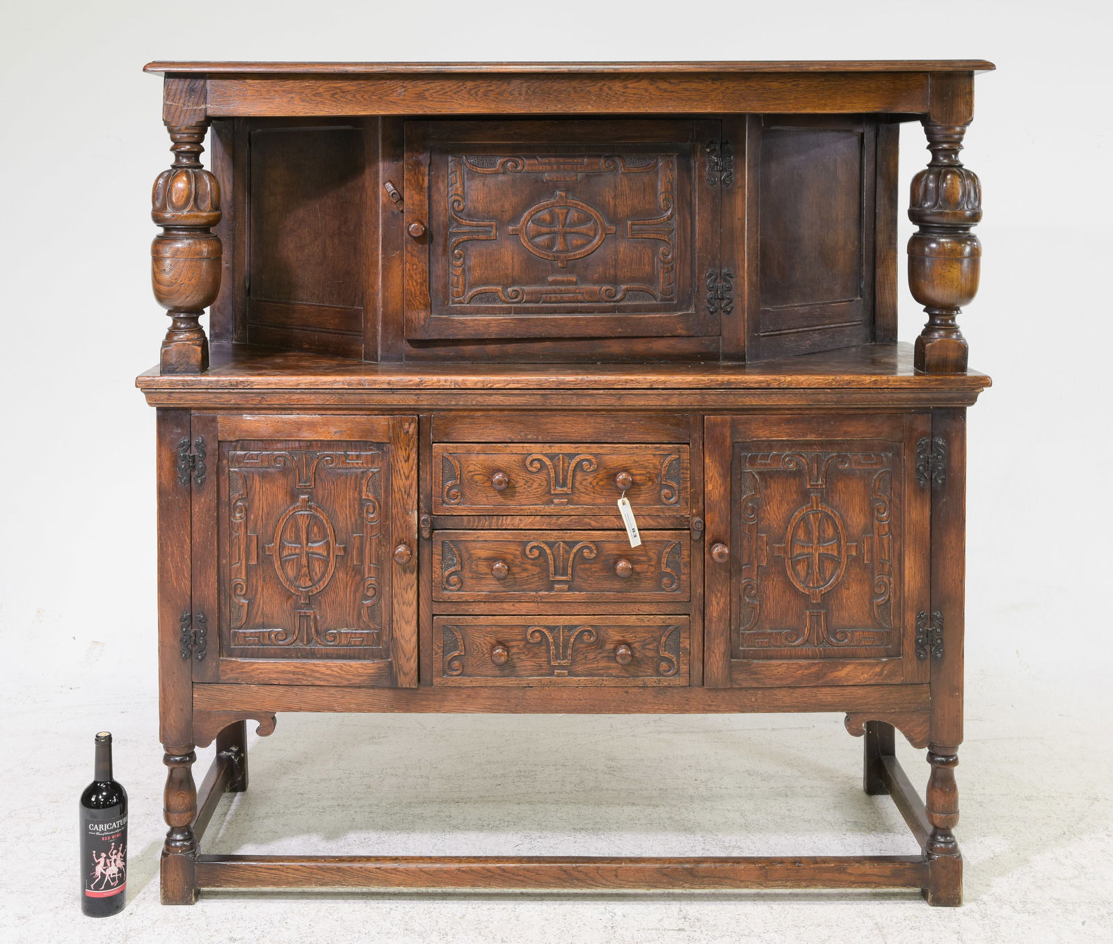British Carved Oak Court Cupboard c.1930's (1 of 4)