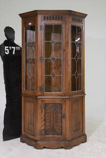British Oak Leaded Glass Hall / China Cabinet: British Oak Leaded Glass Hall / China Cabinet with Linen Fold Panels - 72 in tall x 39 x 14.5
