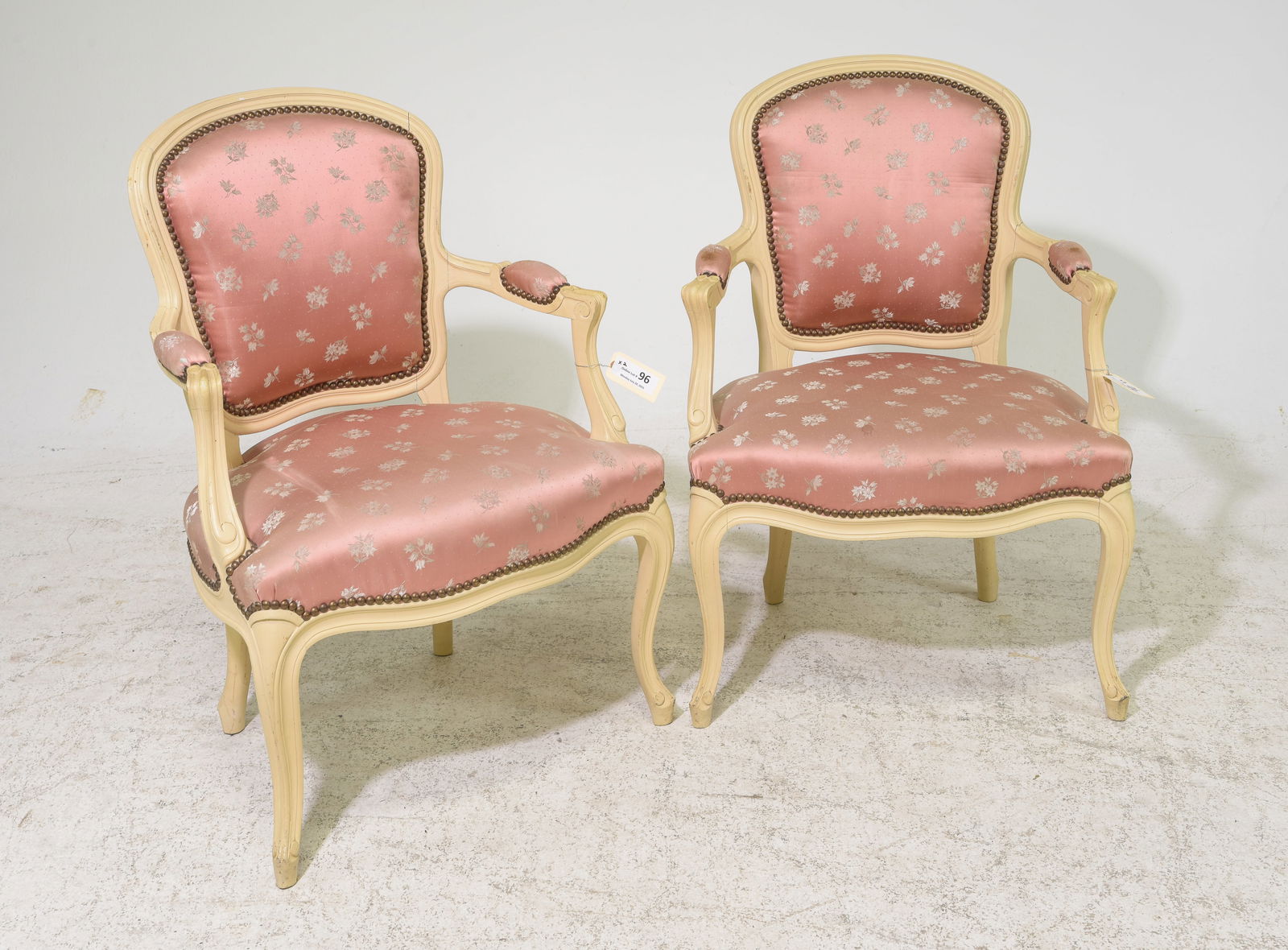 Louis XV Style Pair of Painted Arm Chairs: French Louis XV Style Pair of Painted Arm Chairs - 32.5 in tall x 23.5 x 19 each with a seat height of 15.5 inches
