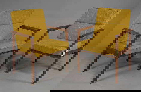 2 Scandinavian Mid Century Modern Arm Chairs: 2 Scandinavian Mid Century Modern Arm Chairs - 35 in tall x 26 x 26.5 each with a seat height of 18.5 inches