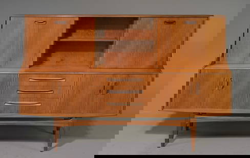 Mid Century Teak Fresco Cocktail Cabinet - Gplan: This Danish Modern Style hutch / high board is British and made by Mid Century Modern Furniture Maker G Plan ( Gplan ) & is part of their "Fresco" Range. It has a drop down section and open stretcher