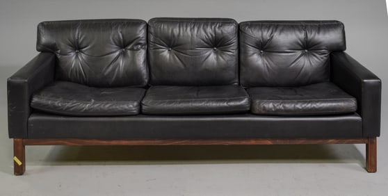 Mid Century Modern Black Leather Three Seater Sofa