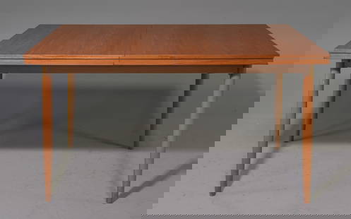 Mid Century Modern Extending Dining Table: Danish Modern Style Extending Triple Pop Up / Butterfly Leaf Dining Table - 29 in tall x 54.5 x 33, Floor to under is 25 inches and the space between the legs is 46 inches, Leaves add an additional 14