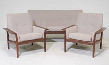 Mid Century Modern Three Seater Sofa & 2 Arm Chairs