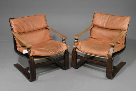 Scandinavian Pair of Leather Lounge Chairs - Nelo #2: Scandinavian Pair of Leather Lounge Chairs by Ake Fribytter for Nelo - 31 in tall x 29 x 25 each with a seat heigh of 16 inches