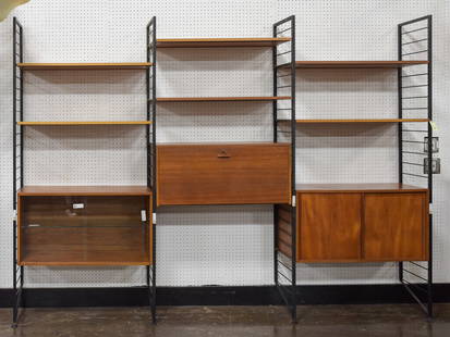 3 Bay Mid Century Wall Unit / System by Ladderax: 3 Bay Danish Modern Style Mid Century Modern Wall Unit / System by Ladderax - Consists of 4 Metal Sides, 6 Shelves, 1 Drop Front Desk Box, 1 sliding wood door box, 1 sliding glass door box & 1 key - C