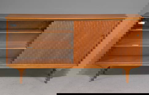 Mid Century Modern Long Bookcase / Hall Cabinet: Danish Modern Style Long Sliding Door Bookcase / Hall Cabinet - 30 in tall x 61.5 x 11