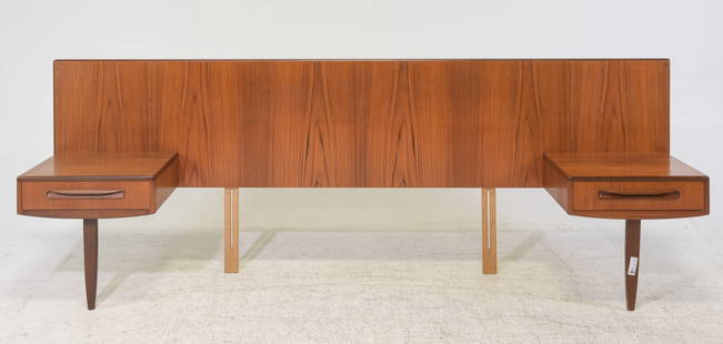 Mid Century Modern Fresco Headboard - Gplan: Danish Modern Style Headboard with Attached Nightstands by British Furniture Maker G-Plan, Part of their "Fresco" Range - 35 in tall x 100 x 18, Space between the nightstands is 59 inches