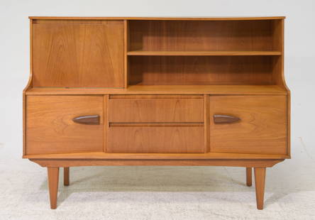 Mid Century Modern Cocktail Cabinet - Beautility: Danish Modern Style Cocktail Cabinet with Oval Handles attributed to British Furniture Maker Beautility - 48 in tall x 66 x 17