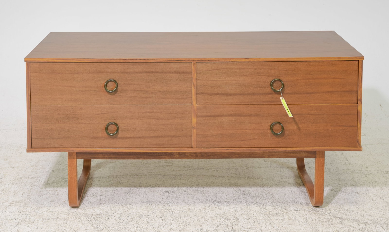 Mid Century Modern Dresser / Chest: Danish Modern Style Dresser / Chest with Metal Pulls & Shaped Legs - 26 in tall x 51.5 x 18