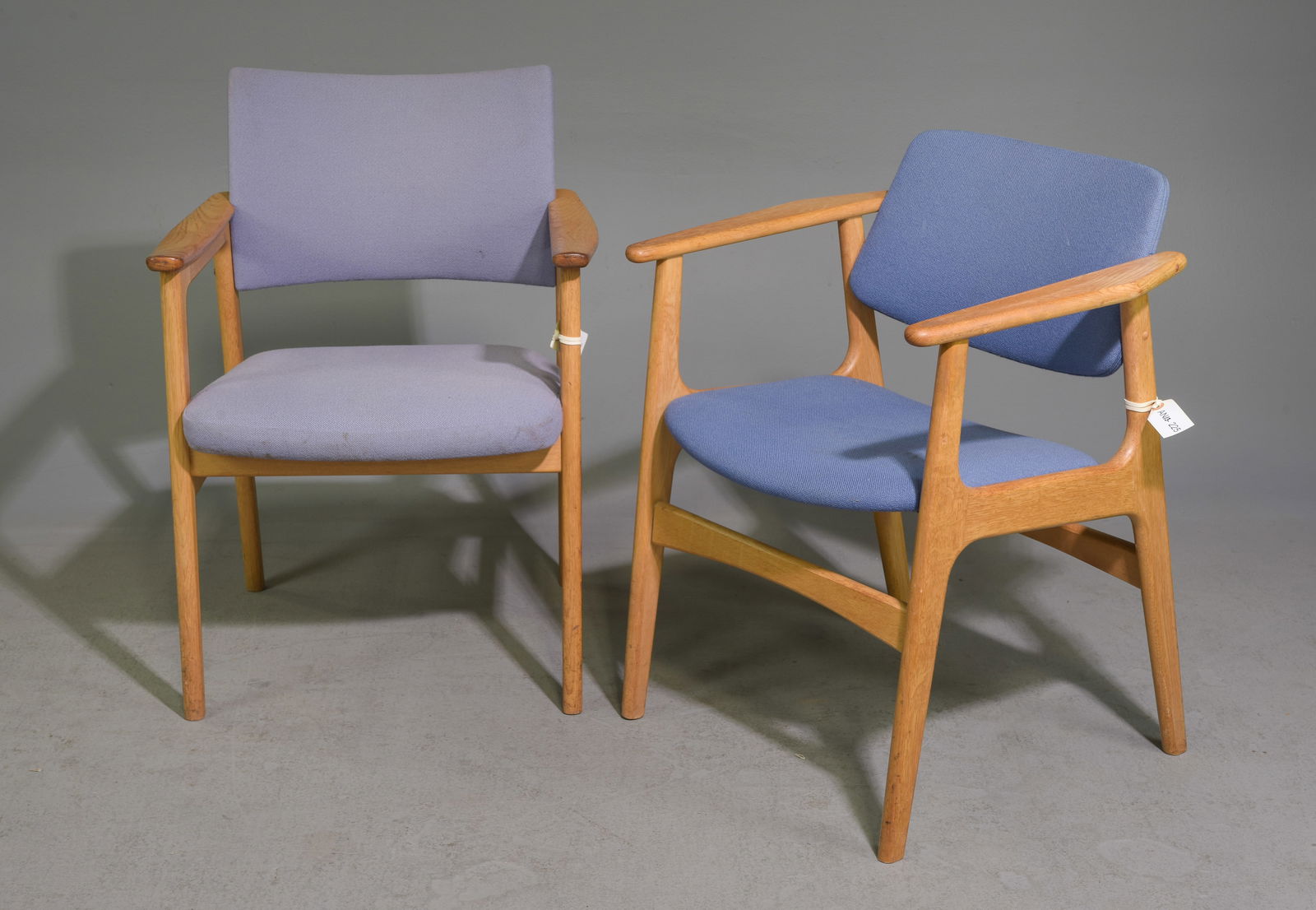 2 Danish Modern Oak Arm Chairs: 2 Danish Mid Century Modern Oak Arm Chairs 32 in tall x 24 x 22 with a seat height of 17 inches and 31 in tall x 24 x 21 with a seat height of 18 inches