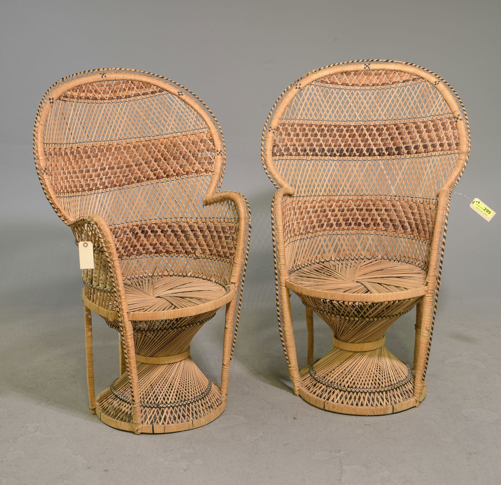 2 Tiki Style Woven Fan Back / Peacock Chairs: 2 Tiki Style Woven Fan Back / Peacock Chairs - 43 in tall x 27 x 24 each with a seat height of 16 inches