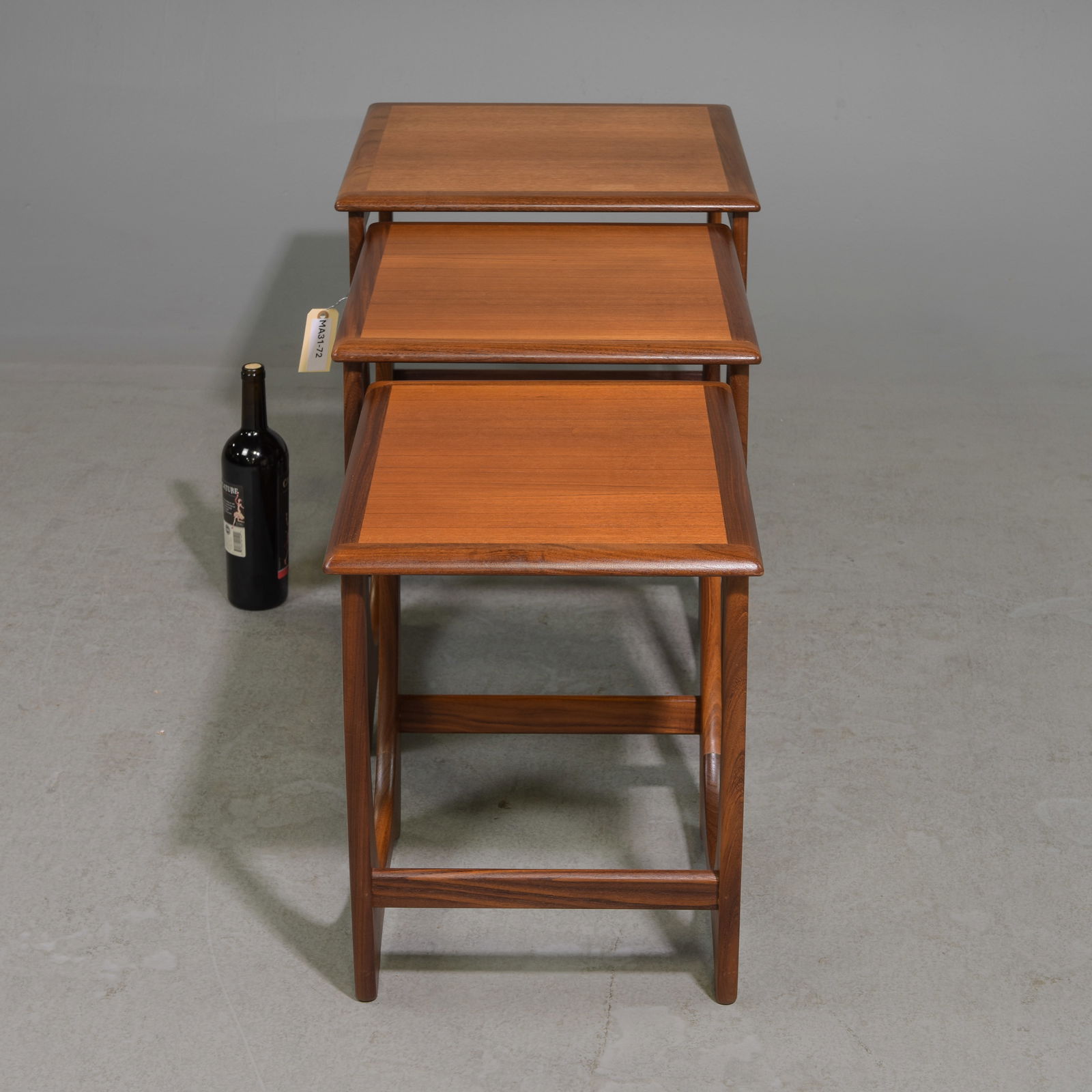 Mid Century Modern Astro Nest By G-plan: This Danish Modern Style Teak nest is British and made by Mid Century Modern Furniture Maker G Plan ( Gplan ) - tallest one 20 tall x 20 wide x 20 deep, middle one is 19.5 in tall x 17 x 18, smallest