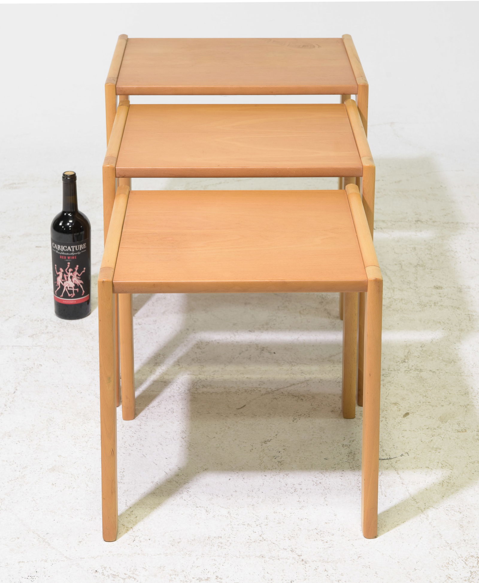 Danish Pine Nest of Three Tables: Danish Pine Nest of Three Tables - 19 in tall x 20.5 x 16, 17.5 in tall x 18.5 x 16 and 16 in tall x 16.25 x 15