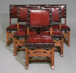 French Set of 6 Oak Red Leather Dining Chairs