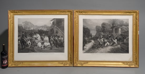 2 Gold Gilt / Painted Framed Engravings / Prints