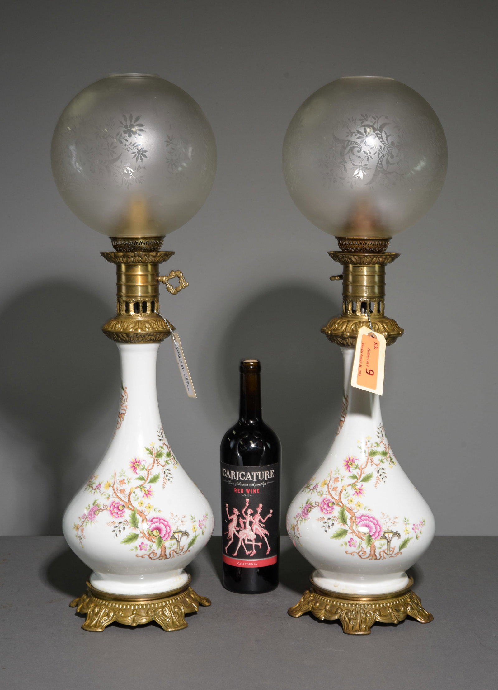 Napoleon III Style Pair of Converted Oil Lamps: French Napoleon III Style Pair of Converted Porcelain & Brass Oil / Hurricane Lamps with Floral Pattern - 26 in tall x 8.5 inch diameter counting the shades