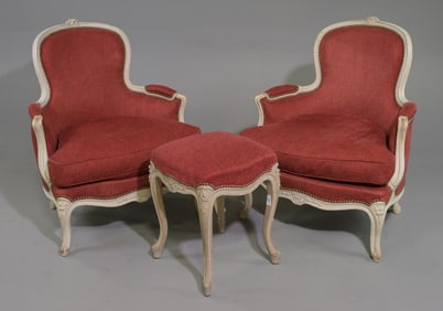 Louis XV Style Pair of Arm Chairs & Foot Stool