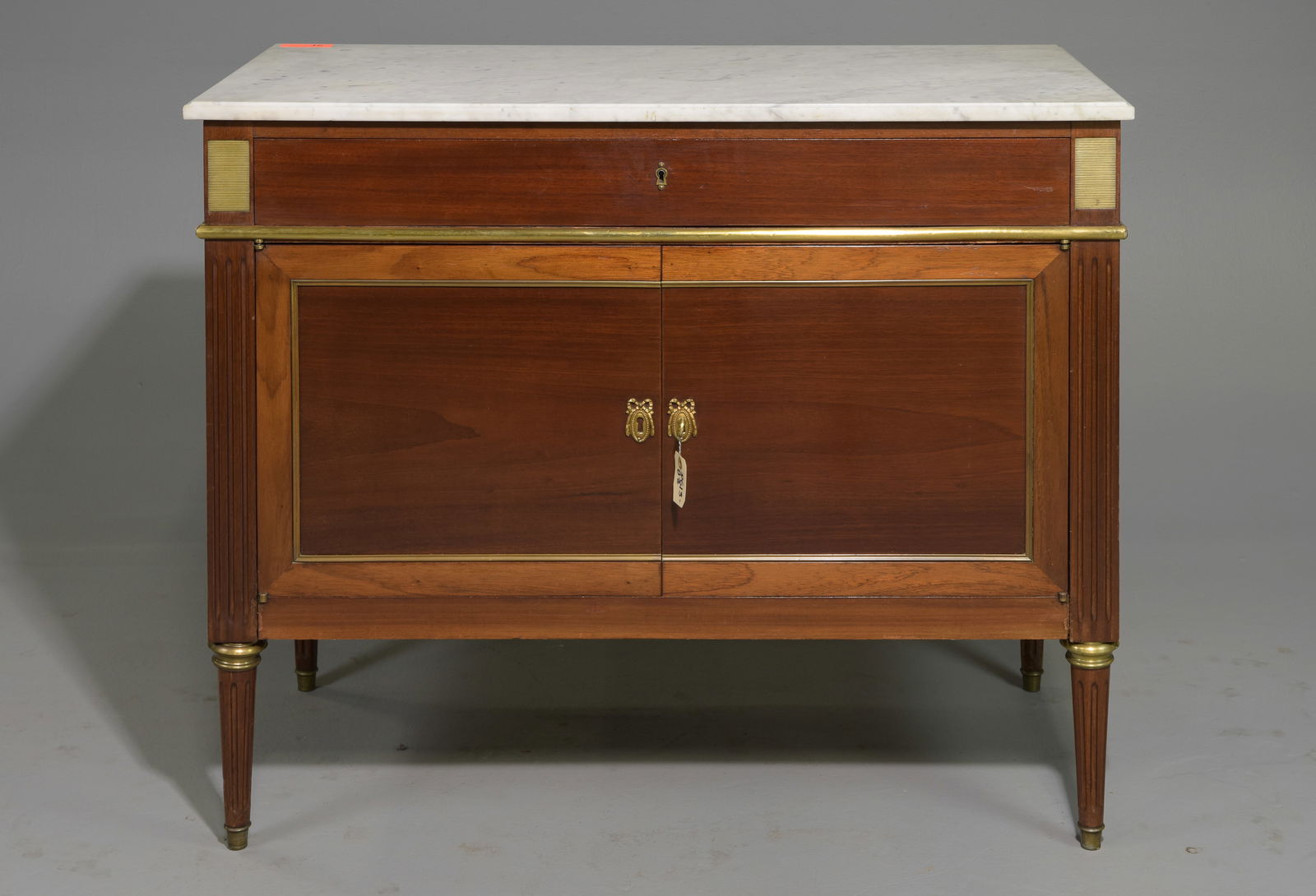 Louis XVI Style White Marble Top Commode: French Louis XVI Style White Marble Top Mahogany Commode - 34.5 in tall x 41 x 19