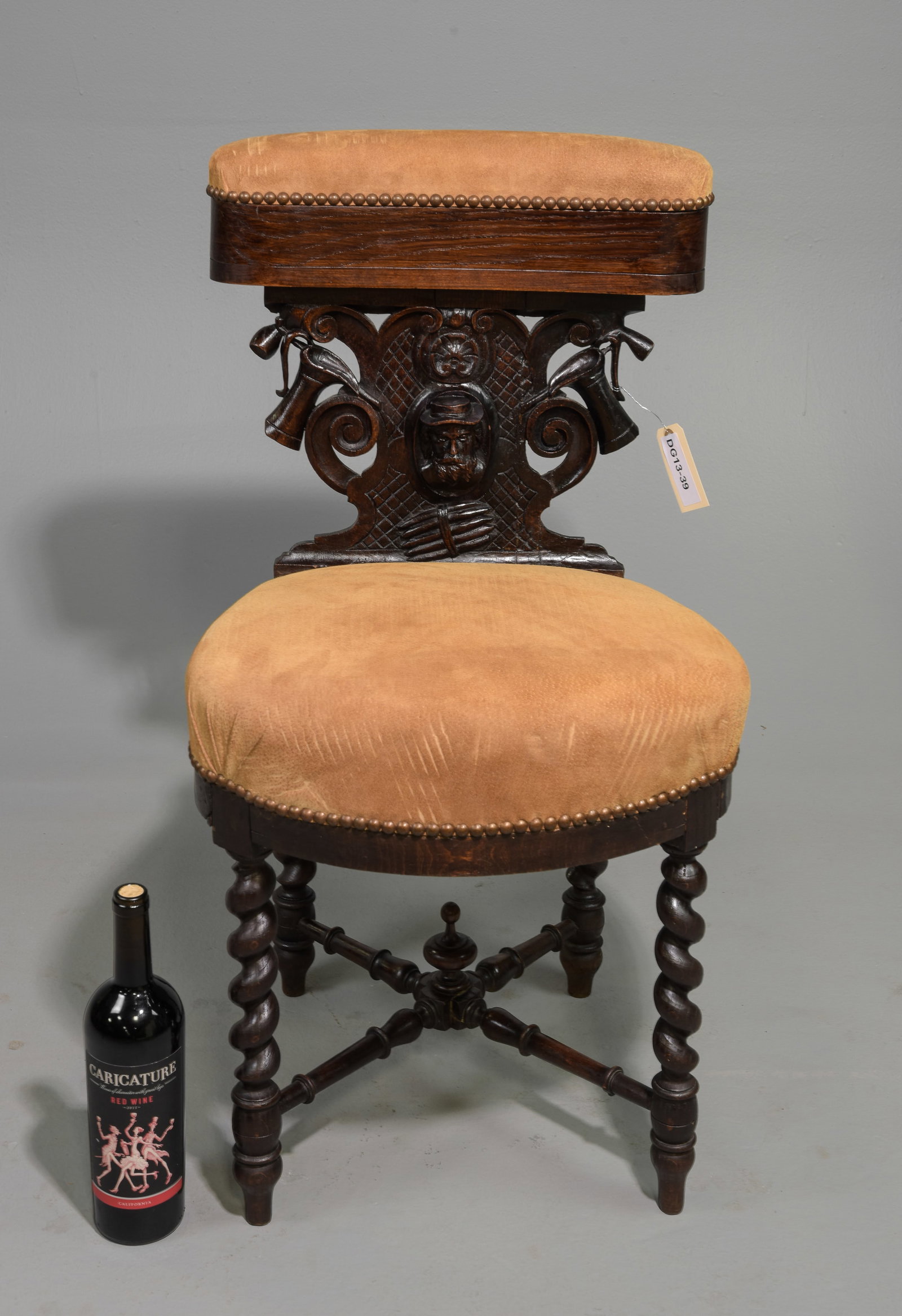 Napoleon III Style French Twist Smokers Chair: French Napoleon III Style French Twist Carved Oak Smokers Chair - 33 in tall x 21 x 18 with a seat height of 19 inches