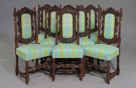 Renaissance Style Set of 8 Oak Dining Chairs