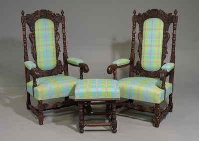 Renaissance Style Pair of Oak Fireside Chairs & Stool