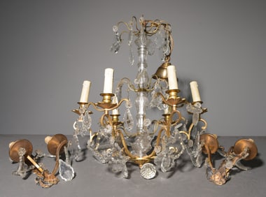 3pc - French Gilded Metal & Glass Chandelier, Etc.