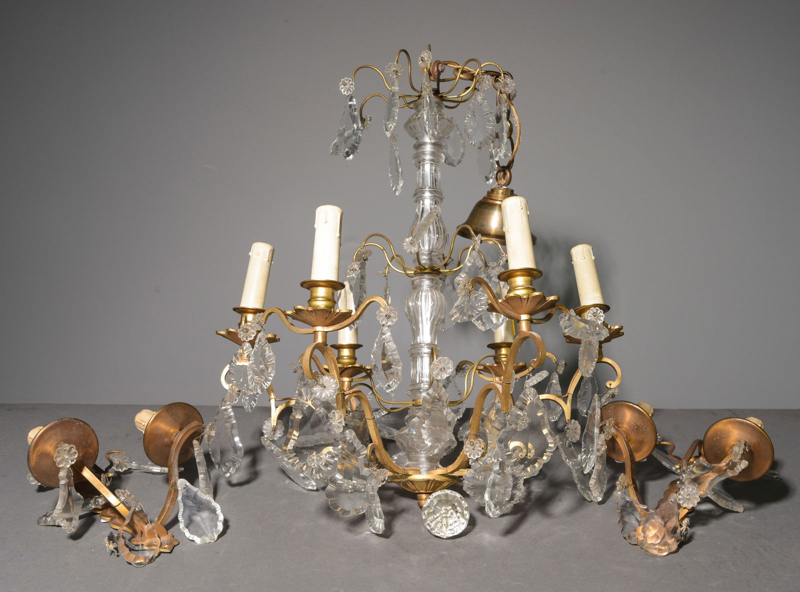 3pc - French Gilded Metal & Glass Chandelier, Etc.: 3pc - French Gilded Metal & Glass Chandelier and 2 Sconces - Chandelier is 32.5 in tall x 18.5 inch diameter