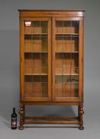 British Oak Leaded Glass Bookcase c.1930's