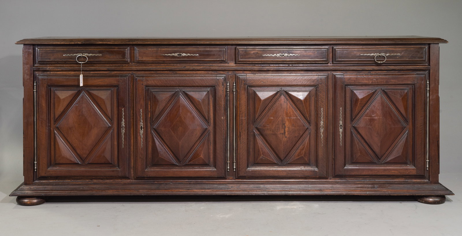 French Large Four Door Sideboard on Bun Feet: French Large Four Door Sideboard on Bun Feet with Raised Diamond Panels - 46 in tall x 118 x 25.5 - This is 9.8 feet wide