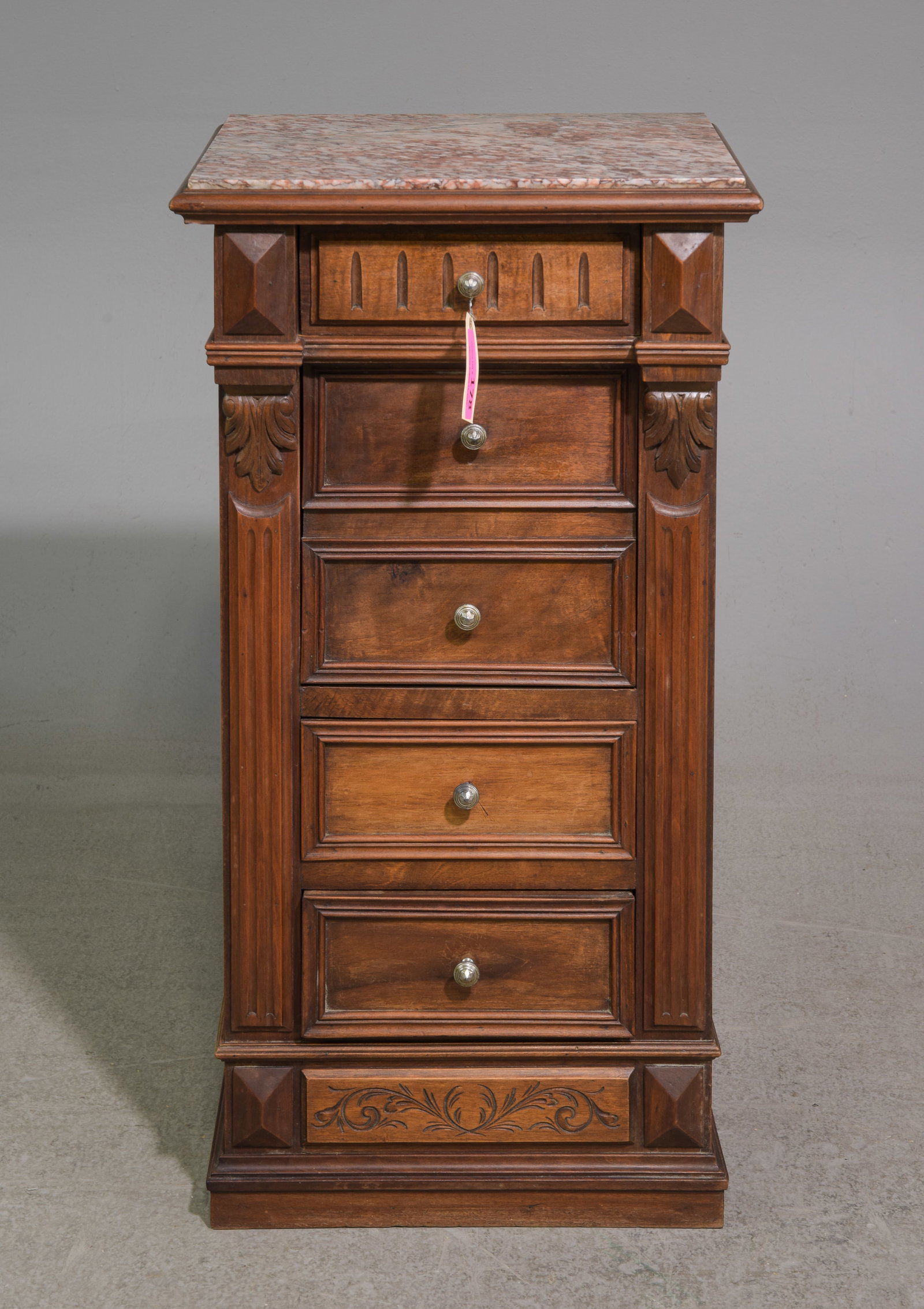 Henri II Style Inset Marble Top Nightstand: French Henri II Style Inset Marble Top Nightstand - 34 in tall x 17.5 x 13
