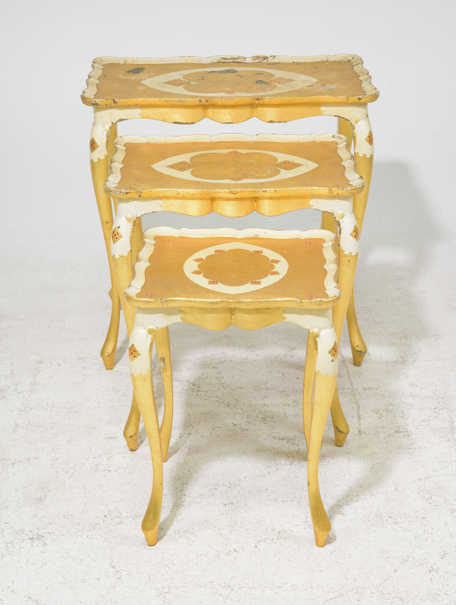 Painted Nest of Three Tables: Painted Nest of Three Tables - 23 in tall x 22 x 14, 20 in tall x 17 x 13.5 and 17 in tall x 13 x 13