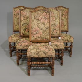 Louis XIV Style Set of 6 Oak Dining Chairs