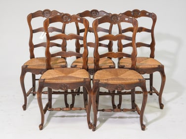 Louis XV Style Set of 5 Oak Rush Seat Chairs