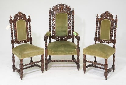 Louis XIII Style French Twist Arm Chair & 2 Side Chairs