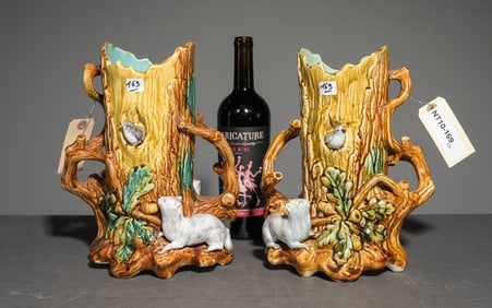 2 Onnaing Majolica Tree Vases - Cats & Birds