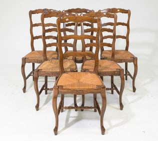 Louis XV Style Set of 6 Oak Rush Seat Chairs